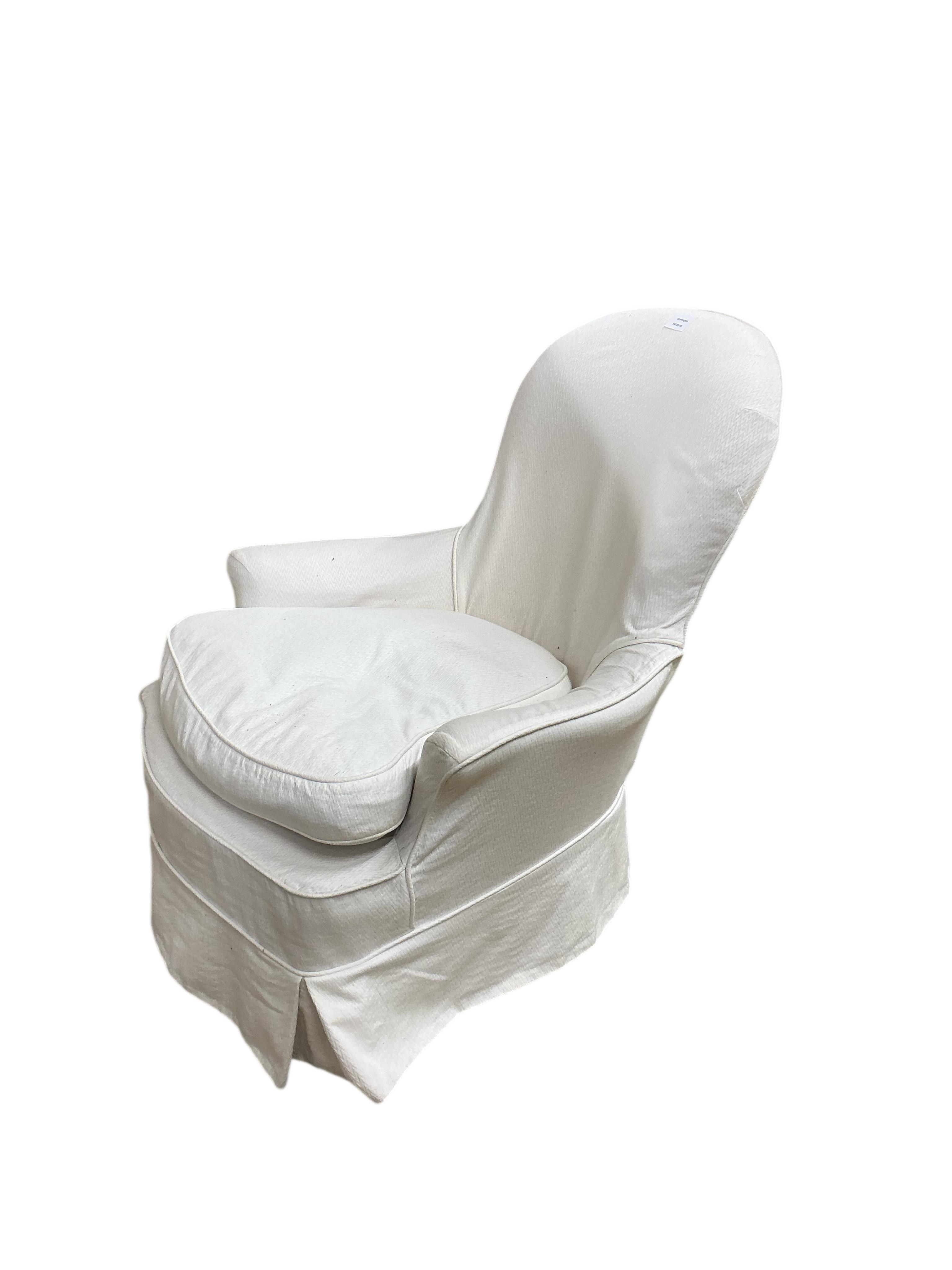 A 19th century French upholstered spoon back armchair, width 75cm, depth 72cm, height 86cm